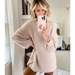 Aerie Oversized Ribbed Crewneck Sweater Large Buttercream Slouchy Cozy